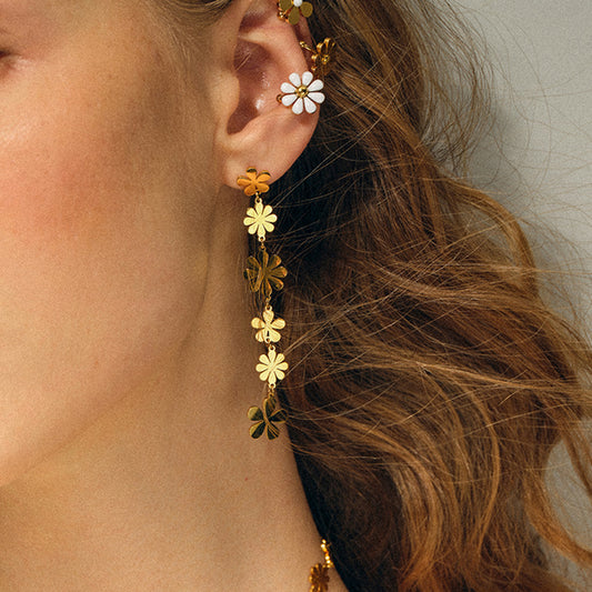 18K Gold Stainless Steel Little Daisy Long Asymmetric Earrings